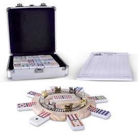 Mexican Train Dominoes Set Double 12 Color Dots with Wooden Hub 8 Metal Trains and Aluminum Case