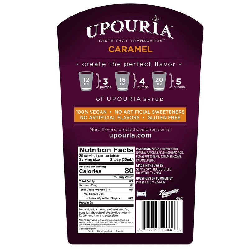Upouria Caramel Coffee Syrup Flavoring, 100% Vegan, Gluten-Free, Kosher, 750ml