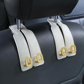 Car Headrest Hooks 2 Pack - Universal Premium Leather and Zinc Alloy - Alloy Car Seat Back Storage Hook for Purses Handbags Cloth Drink - Durable Car Accessories for Women Men (BH09-White-Gold)