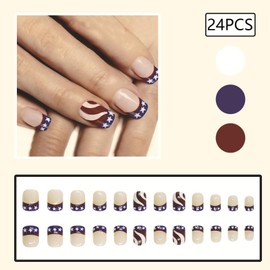 Independence Day Press on Nails Short French Tips Fake Nails Flag Star 4th of July Patriotic False Nail American Flag Acrylic Nails Stripe Design Full Cover Artificial Glue on Nail for Women Girls