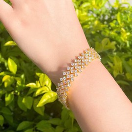 Aneneiceera Vintage Crystal Rhinestone Bracelet Wedding CZ Hand Chain Bracelet Silver CZ Tennis Chain Bracelet Shiny Bridal Crystal Bracelet Hand Chain Jewellery for Women and Girls (Gold), Zinc