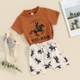 Dewadbow Western Baby Boy Clothes Vintage Yee Haw T Shirt Top Rodeo Shorts Set 2Pcs Toddler Boys Country Cowboy Outfit (YEE-HAW, 12-18 Months)