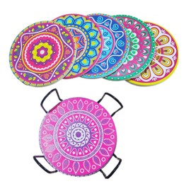 Absorbent Ceramic Drink Coasters with Holder, Decor and Gift for Lovers (6 pcs Mandala)