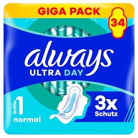 Always Ultra Day Sanitary Towels Normal (Size 1) with Wings Pack of 34, Super Absorbent and Ultra Thin, for the Period