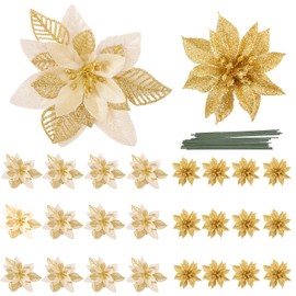 LEHIYIJIA 24Pcs Poinsettia Christmas Flowers Decorations with Stems, 2 Styles Glitter Artificial Poinsettia Christmas Tree Ornaments, for Xmas Tree Wreath Garland Holiday Decor, Gold