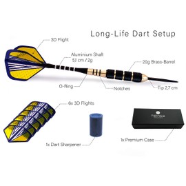 heinsa Darts Metal Tip 20 g Darts Steel Dart Set of 3 with Dart Accessories for Steel Darts, 6 Flights, 3 Rubber Rings, Case the Allrounder for Professionals and Beginners