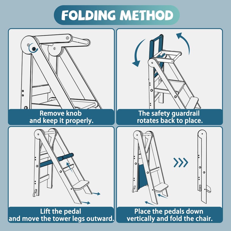 Foldable Toddler Tower, 3 Adjustable Height Toddler Standing Tower, Wooden