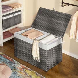 GREENSTELL Storage Basket with Lid, Handwoven Blanket Storage Basket with Cotton Liner and Metal Frame, Foldable & Easy to Install, Shelf Basket Bin with Handle for Bedroom, Laundry Room Grey 105L