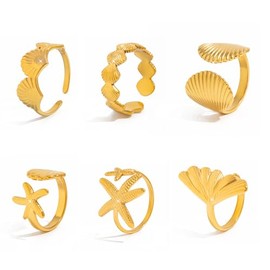 AllJunction Gold Plated Seashell Starfish Rings Set Cute Beach Sea Shell Beachy Ocean Chunky Finger Knuckle Ring Stack Vacation Jewelry Accessories Stuff for Women (6PCS)