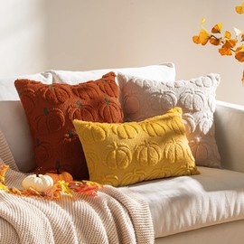 EMEMA Fall Embroidered Pumpkin Throw Pillow Covers 18x18 Set of 2, Autumn Decor Cushion Cases for Couch Sofa, Farmhouse Rustic Style, Plush Textured Wool with Green Stem Embroidery Rust Green Stem