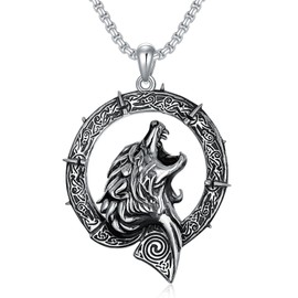 Swordgod Sterling Silver Viking Wolf Pendant Necklace - Men's Animal Wolf Jewelry for Fathers Day, Valentine Day, Birthday, Anniversary, Christmas Gifts