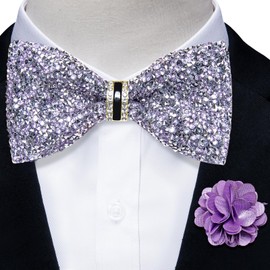 DiBanGu Rhinestone Bow Ties for Men Adjustable Sequin Diamond Pre-tied Bowtie with Ring and Lapel Pin Set for Wedding Party, Lilac