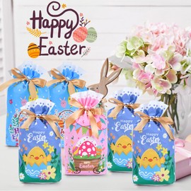 FamEaze Plastic Easter Gift Bags, 50 Pcs Drawstring Candy Bag Easter Gift Candy Bags with Bunny Colorful Egg flowers Patterns for Party Supplies, 6x9inch