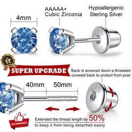 LUCKMORA 925 Sterling Silver Earrings Stud with Screwback Cubic Zirconia for Women Earring With Screw Backs CZ Hypoallergenic for Girls (CZ-Dark Blue)