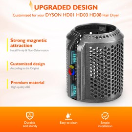 Magnetic Hair Dryer Filter Cover + Inner Filter Compatible with Dyson Supersonic HD01 HD03 HD08 HD15 Hair Dryer Replacement Parts, Hair Dryer Outer Filter Repair Accessories (Metallic Gray)