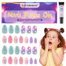 TOROKOM Kids Press on Nails, 1 Pack 26 PCS Fake Nails for Girls 8-12 Years, Ombre Heart Short Almond Kids Nails Set with Builder Nail Glue