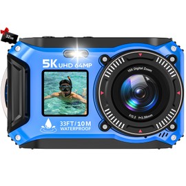 Digital Camera, 5K Recording, 64MP, Underwater Camera, 32.8 ft (10 m), Waterproof, Dual Screen, Waterproof Camera, Selfie, Auto Focus, 16x Digital Zoom, Web Camera, 32GB Included, Easy Operation