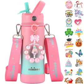 Mininoo Insulated Stainless Steel Kids Water Bottle for School with Straw Lid & Strap, 50 Stickers, 18 oz(Pink/Sky)