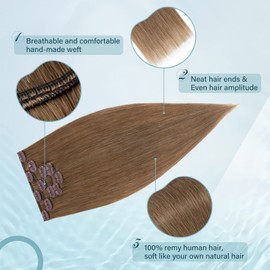 Elailite Clip-In Real Hair Extensions, 5 Pieces, Remy Hair Extensions with 12 Clips, 55 cm - 65 g, Straight Hairpieces, Natural Hair Extensions for Women, #6 Light Brown