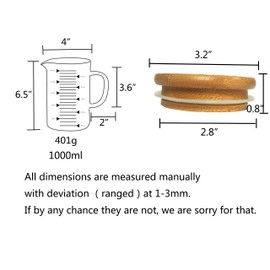 KINNOSE Graduated Beaker Mug with Handle and Durable Bamboo Lid Borosilicate Glass Multi-Function Food Grade Measuring Cup 1000ML