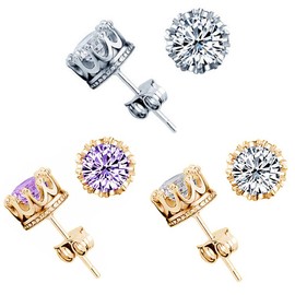 mciskin Shining AAA Cubic Zirconia Crown Solitaire Stud Earrings for Women,Crown 18k Gold Plated Earrings Women Brincos De Prata Men Silver Crystal Jewerly Double Stud Earrings(3pcs)