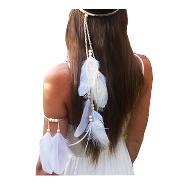 Suoirblss Set of 2 White Bohemian Feather Tassels Headband with Armband Gypsy Hippie Peacock Headwear Headdress Woman Favorite Hair Accessories