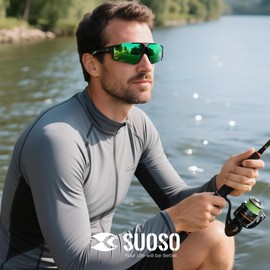 suoso Sports Running Sunglasses for Women: Polarized Sunglasses Men for Fishing, Youth Baseball Glasses Wrap Around UV 400 Black & Yellow-Lanyard