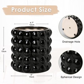 DILATATA - Maceta de cerámica de 6 pulgadas para plantas de interior con agujero de drenaje, maceta de flores de burbuja, maceta de hobbnail para jardín, maceta de suculentas negro