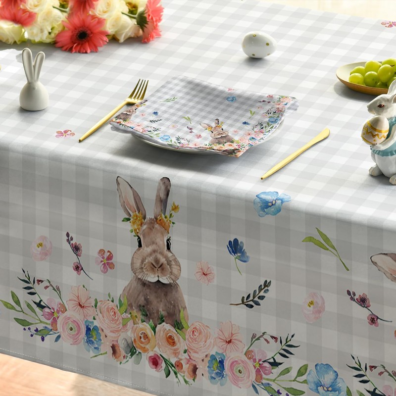 Horaldaily Easter Tablecloth 60x120 Inch, Spring Flower Buffalo Plaid Bunny
