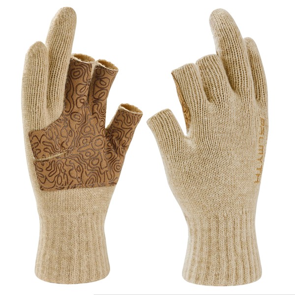 Palmyth Wool Fishing Gloves 3-Cut Fingers Warm for Men and Women Cold Weather Fingerless Gloves for Winter Fly Fishing, Ice Fishing, Photography and Hunting (Khaki, L/XL)