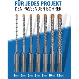 STONE REEF Concrete Auger Drill Bit Set, Professional, 7-Piece, Including Bit Box, SDS Plus Drill Bits, Diameter 5, 6, 6, 8, 8, 10, 12 mm x 156 mm, for Masonry, Concrete, Walls