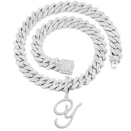 PTJDSMF Gold Silver Plated Initial Cuban Link Chain Necklace for Women Cursive Letter Gold Miami cuban link chain Iced out chain with pendant for women (Silver, Y)