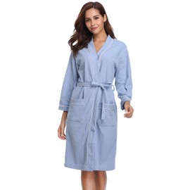 Vlazom Waffle Dressing Gowns Unisex Kimono Robe Cotton Lightweight Bathrobe for All Seasons Spa Hotel Sleepwear, Blue-style a, S