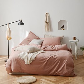 Comfortable & Soft 3 Piece Gentle Breathable Texture Cotton Duvet Cover King Size Solid Hued Tidy Design | All Seasons Fall Bedding Dusty Pink Color Zipper Closure Warm Plush Cozy Luxury