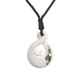 81stgeneration Single Twist Pikorua Koru Carved Bone Pendant with Fern Leaf Engraving and Abalone Shell - Men's Hawaii Necklace - Surfer Accessories - Handmade Tribal Necklaces for Women