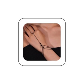Iaceble Boho Onyx Finger Ring Bracelet Black Crystal Slave Bracelet Onyx Cz Hand Chain Bracelet Gemstone Slave Finger Bracelet Adjustable Rhinestone Bracelet Jewelry for Women