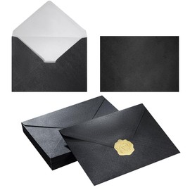 50 Pieces Black Shiny Envelopes with Gold Stickers for Wedding Invitation Cards, Graduation, Baby Shower, Greeting Cards (Black, A7, 5x7)