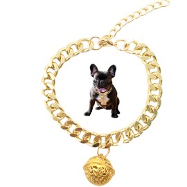 Cwyza Gold Dog Chain Collar with Bell – Lightweight Metal Pet Necklace, 1/2 Inch Wide Link Chain, Stylish Decoration & Gift for Dogs & Cats(Gold, M)
