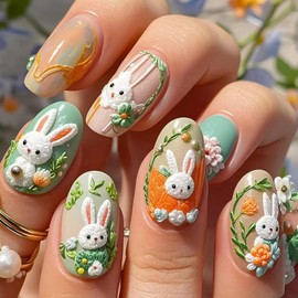 24 Pcs Easter Nails Short Press on Nails Almond Fake Nails Cute Bunny False Nails with Designs Glossy Acrylic Full Cover Stick on Nails for Women Girls Artificial Nail