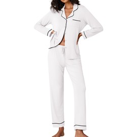 Ekouaer Pajamas Women's Long Sleeve Sleepwear Soft Button Down Loungewear Pjs Lounge Set Nightwear,White,Medium