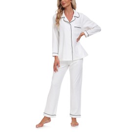 COLORFULLEAF 100% Cotton Pyjamas for Women Nightwear, Long Sleeve Button Down Pjs Set with Pockets, Two Piece Lounge Wear Sets for Ladies(White,L)