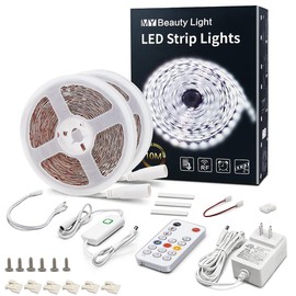 MY BEAUTY LIGHT LED Strip Lights Warm White,32.8ft Dimmable LED Light Strip with RF Remote,600 Bright 6500K 2835 LEDs,Plug-in Adhesive Rope Lights with Timing Mode for Living Room Bedroom Kitchen