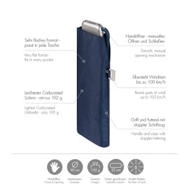 doppler Carbon Steel Slim Plain Pocket Umbrella - Handy Format - Feather-Light - 22 cm, navy, sleek and sturdy