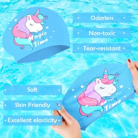 Kids Swim Caps for Girls (Age 2-6), Durable Waterproof Silicone Swimming Cap for Short Hair with Swimming Goggles, Ear Plug and Nose Clip (Blue, Large (6-12 Years))