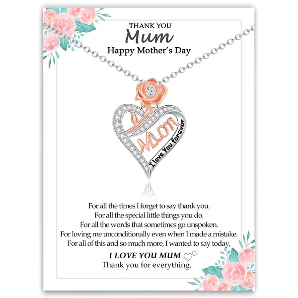 YBISNAIRE Mother's Day Mum Gifts, Silver Heart Mum Necklace Gifts