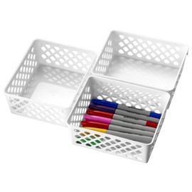 Officemate Achieva Medium Supply Basket, 3-Pack, White - Durable Organizing Storage Bins for Office, Home, Classroom & Craft Supplies, Non-Slip Base, Stackable Design, 6.125 x 5 x 2.375 Inches (26205)