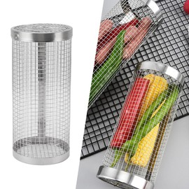 Rolling Grill Baskets, Cylindrical Grill Basket Made of Stainless Steel Wire Mesh, Portable Round Grill Net Tube, Barbecue Accessories, BBQ Tool for Outdoor Camping Picnic (S)