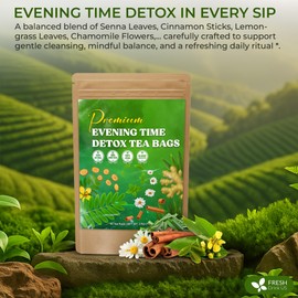 FreshDrinkUS, Evening Time Detox Herbal Tea – 30 Tea Bags – Caffeine-Free Blend with Senna, Peppermint, Chamomile, Licorice, Ginger, Reishi Mushroom – Relaxing Herbal Infusion – Non-GMO & Natural