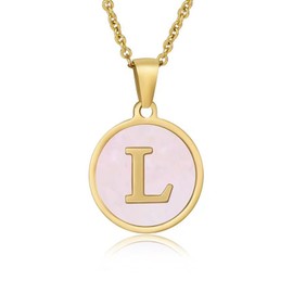 Gold Initial Necklace for Women Mother-of-Pearl Inlaid Pendant Necklace 18K Gold Plated Nature Shell Letter Necklace A-Z Choker Necklace Birthday Valentine's Day Gift for Her (L)