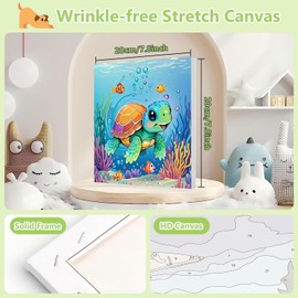 cviokrdu Turtles Paint by Numbers Kit for Kids with Frame - Wooden Easel, Sea Animals Paint by Numbers for Kids Ages 4 8 12, Easy Acrylic Oil Painting Kits for Home Wall Decoration 8x8 inch